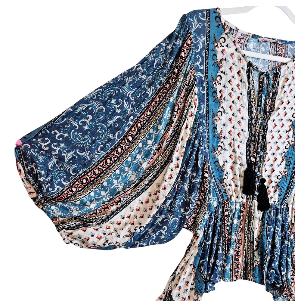 Bohemian Peasant Peplum Blouse M/L Balloon Sleeve‎ Tassel Patchwork Print #510 - Picture 3 of 5